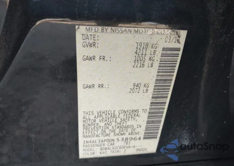 2013 Nissan Altima 2.5 Sl z USA, uszkodzony, nr VIN 1N4AL3AP0DN538964